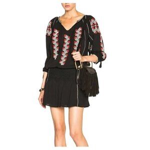 Ulla Johnson Ruched Tassel Dress Samira Embroidered Black Red Tie 0